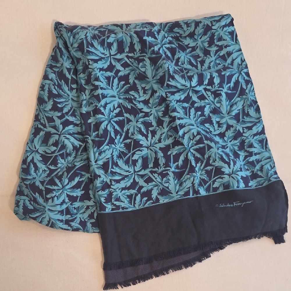 Salvatore Ferragamo Silk Scarf, Blue, Palm Trees